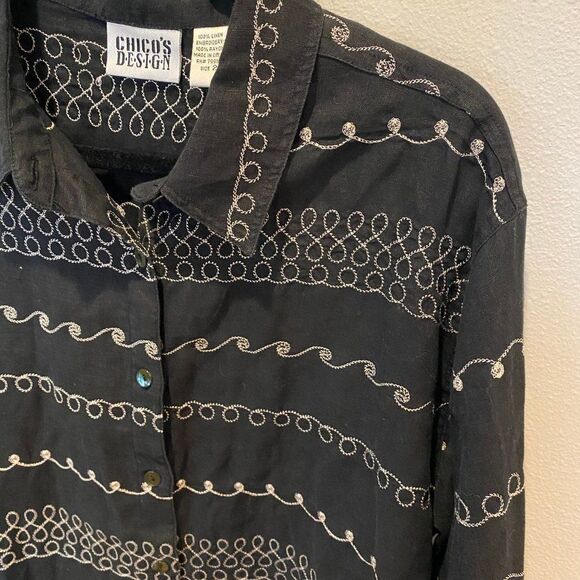 Chico's Design 100% Linen Black Boho Breezy Embroidery Button Up Shirt, Large - Picture 3 of 9